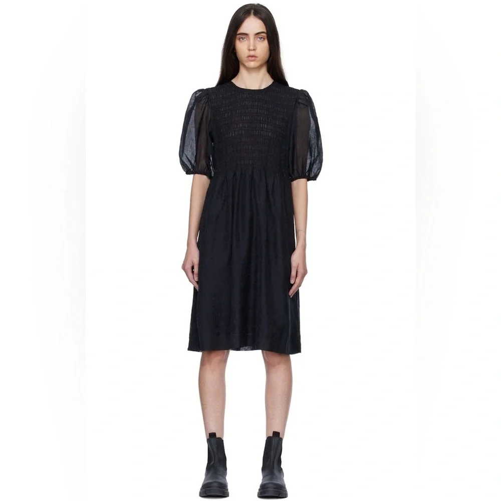 Ganni Black‎ Crinkled Georgette Smocked Midi Dress Size Large EU 40 Puff Sleeve